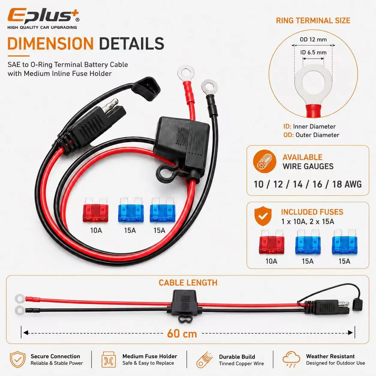 Фото Кабель для подключения аккумулятора Eplus 10-18AWG, 60 см, SAE на кольцевой клемме с встроенным блоком предохранителей для автомобилей и лодок 12В/24В №2
