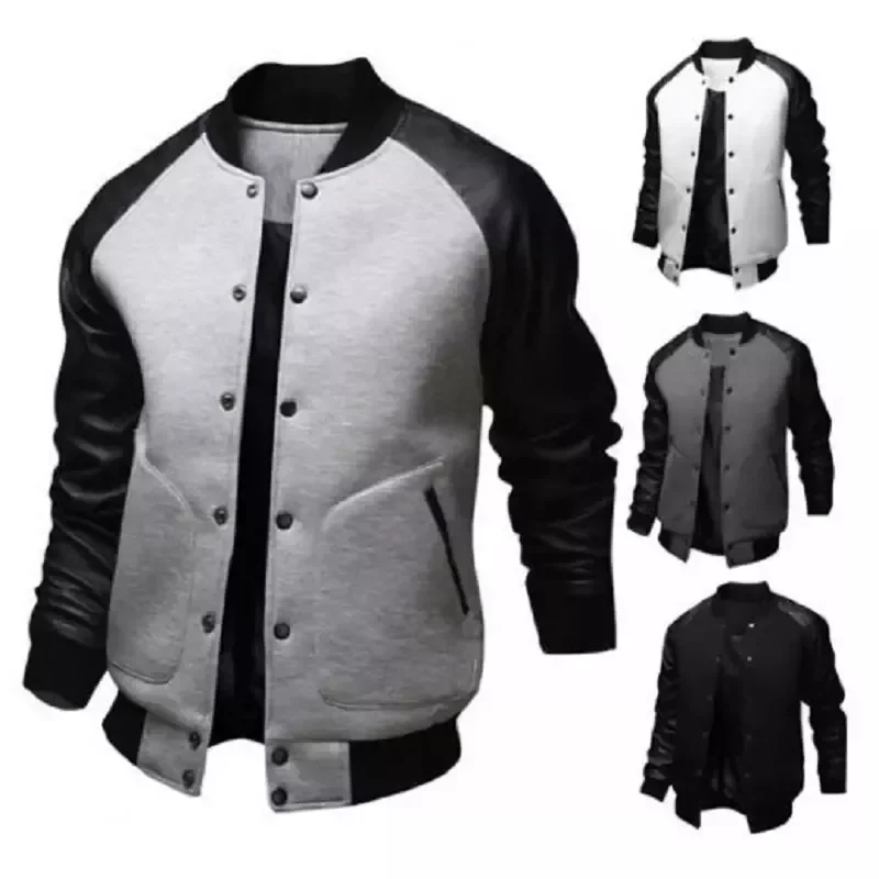 

Autumn Winter Hot-Selling Men's Baseball Jacket Big Pockets and Leather Sleeves Casual Sports Stand-up Collar Jacket