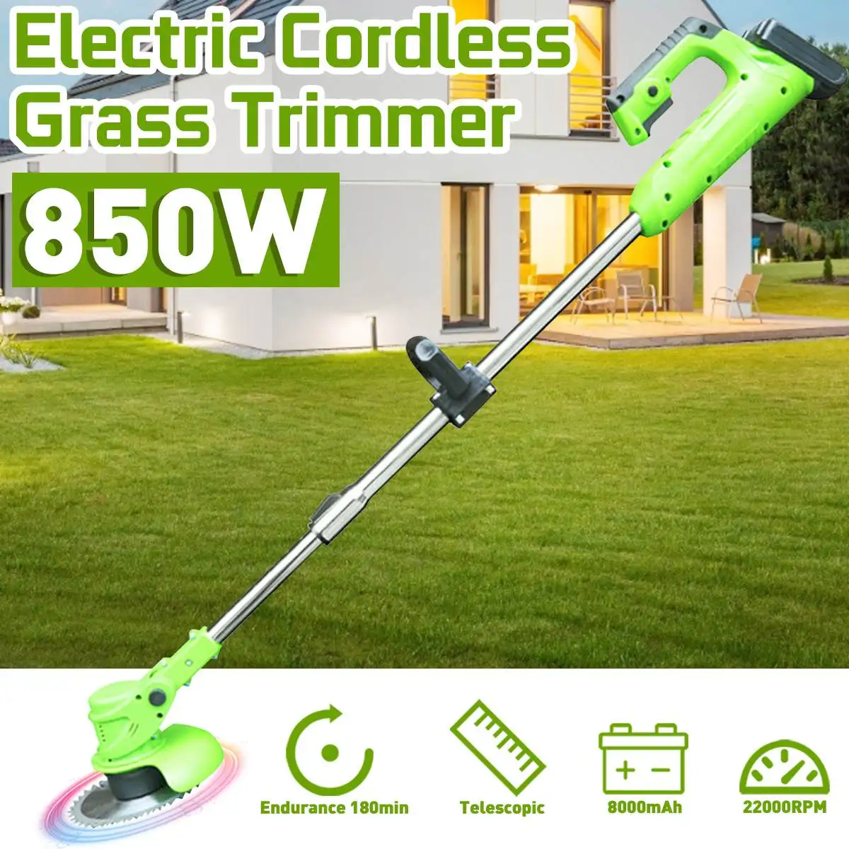 850W 12V/24V Electric Cordless Grass Trimmer Lawn Mower Weeds Cutter Machine Length Adjustable Garden Tools With 8000mAh Battery