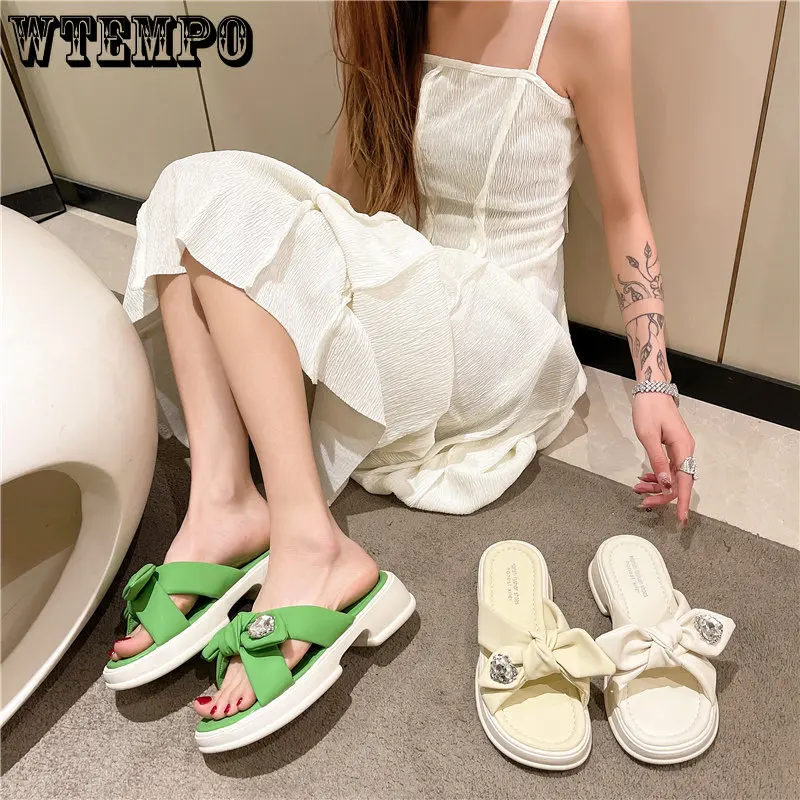 WTEMPO Summer Sandals Ladies Temperament Bow Knot Thick Bottom Soft Slippers Casual Beach Home Wear One Word Drag Wholesale