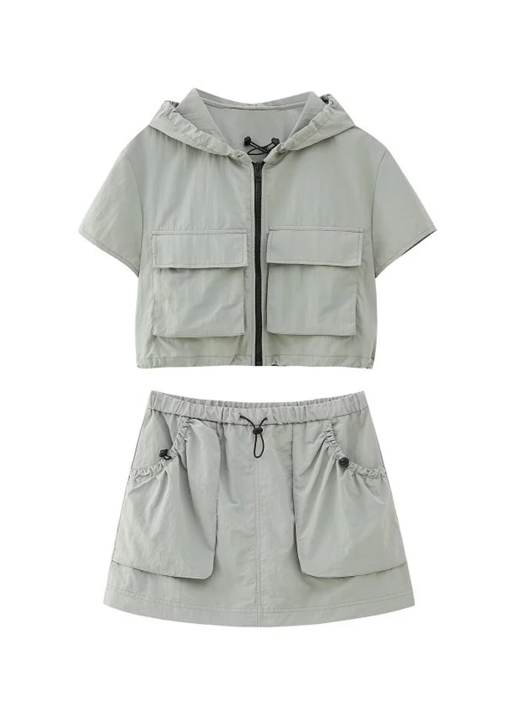 

TRAF Skirt Sets Women Elegant Hooded Shirt Jacket Summer Female Fashion Short Sleeve Tops Casual Pockets A-Line Skirt