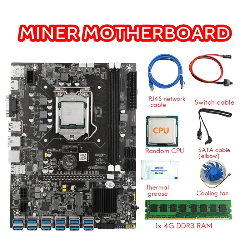 

B75 12USB BTC Miner Motherboard+CPU+4G DDR3 RAM+Fan+Thermal Grease+Switch Cable+Network Cable+SATA Cable LGA1155 MSATA