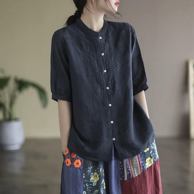 

2023 Summer New Women's Shirts Cotton and Hemp Solid Embroidered Loose Casual Mid Sleeve Shirt and Blouses for Women