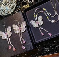 luxury retro pink diamond bow tassel earrings necklace for women flashing french elegance butterfly long wedding jewelry set