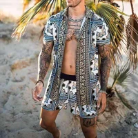 2021 new fashion mens suit short sleeve hawaiian print folk style suit summer casual floral shirt two piece beach suit