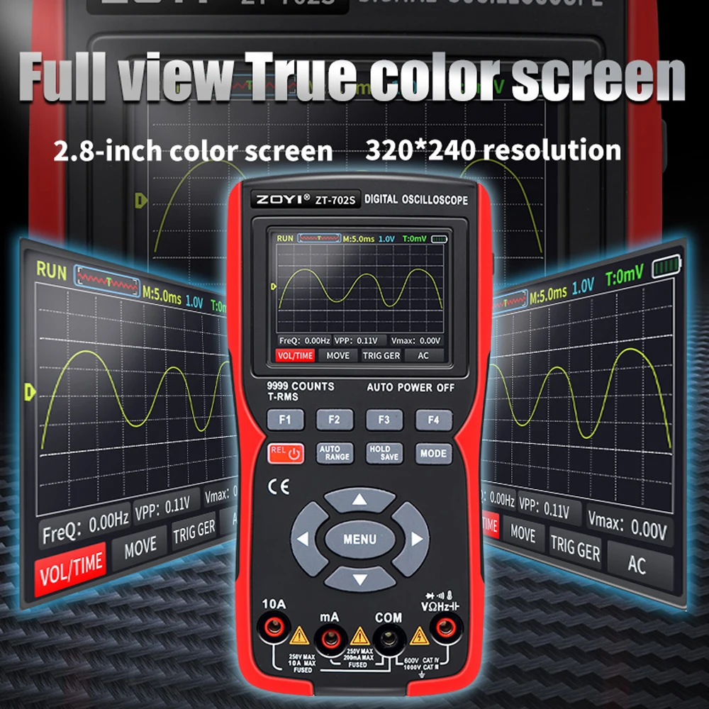 

2in1 Digital Oscilloscope Multimeter 48MSa/s Sampling Rate 10Mhz Bandwidth 9999 Counts True RMS 2.8inch IPS Color Display