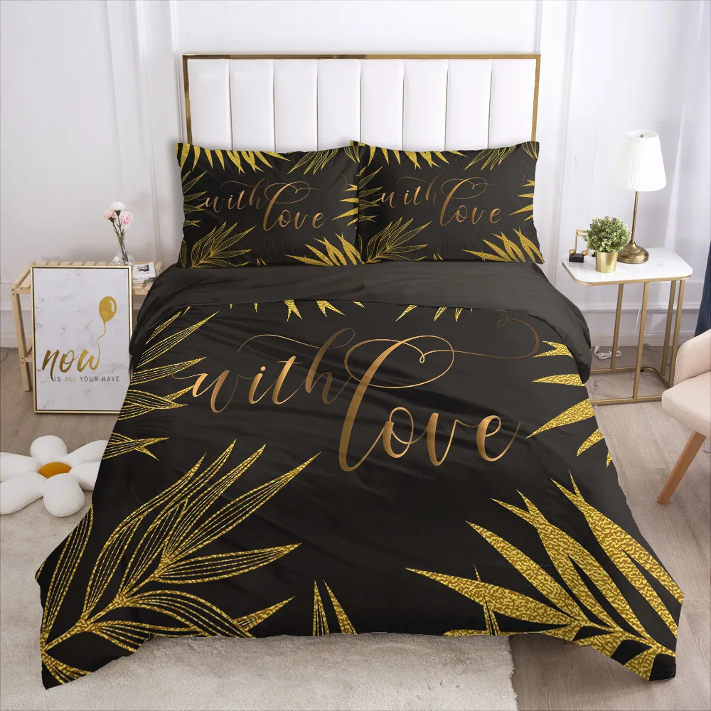 

Nature Bedding Set Tropical Monstera and Palm Leaves 3 Piece Black Gold Trendy Duvet Cover