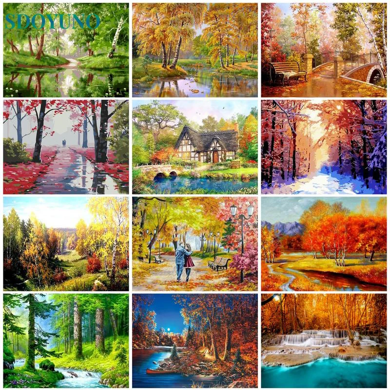 

SDOYUNO DIY Frame Paint By Numbers Green Trees On Canvas For Adult Kit Diy HandPainted Painting Landscape Picture Paint Home Dec