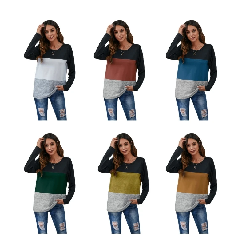 

Women Crewneck Sweatshirt Colorblock Long Sleeve Loose Pullover Top Streetwear