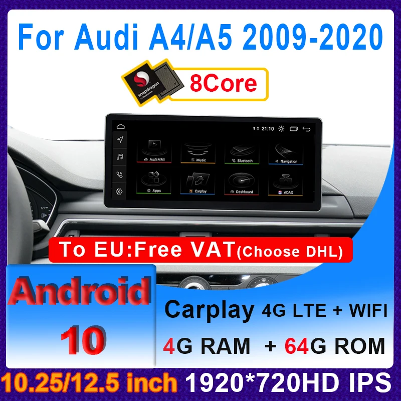 Radio Multimedia con GPS para coche, Radio con reproductor, Android 11, 10,25 pulgadas/12,5 pulgadas, 128G Snapdragon 6 +, para Audi A4, A5, A4L, B9, 2009-2020, CarPlay