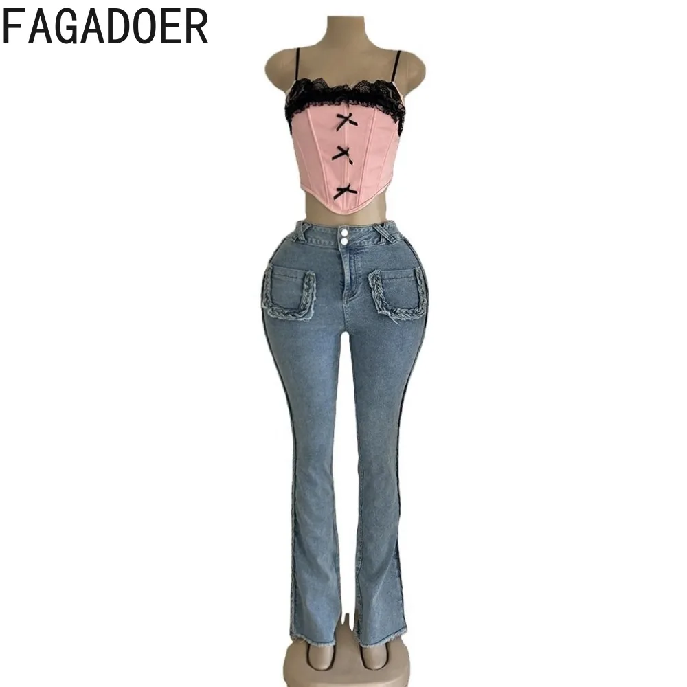 FAGADOER модные джинсовые брюки женские Y2k уличная одежда боковая лоскутная