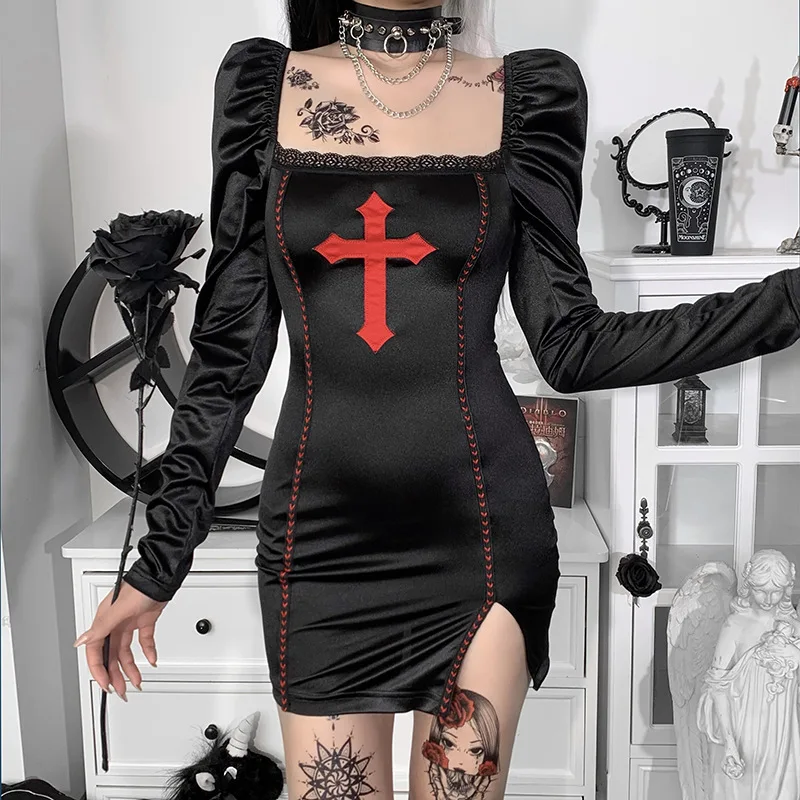 

Женское платье Чонсам с разрезом, длинное черное ажурное платье с рукавами-пузырьками и юбкой в американском стиле, модель RXHLYQ501, 2022