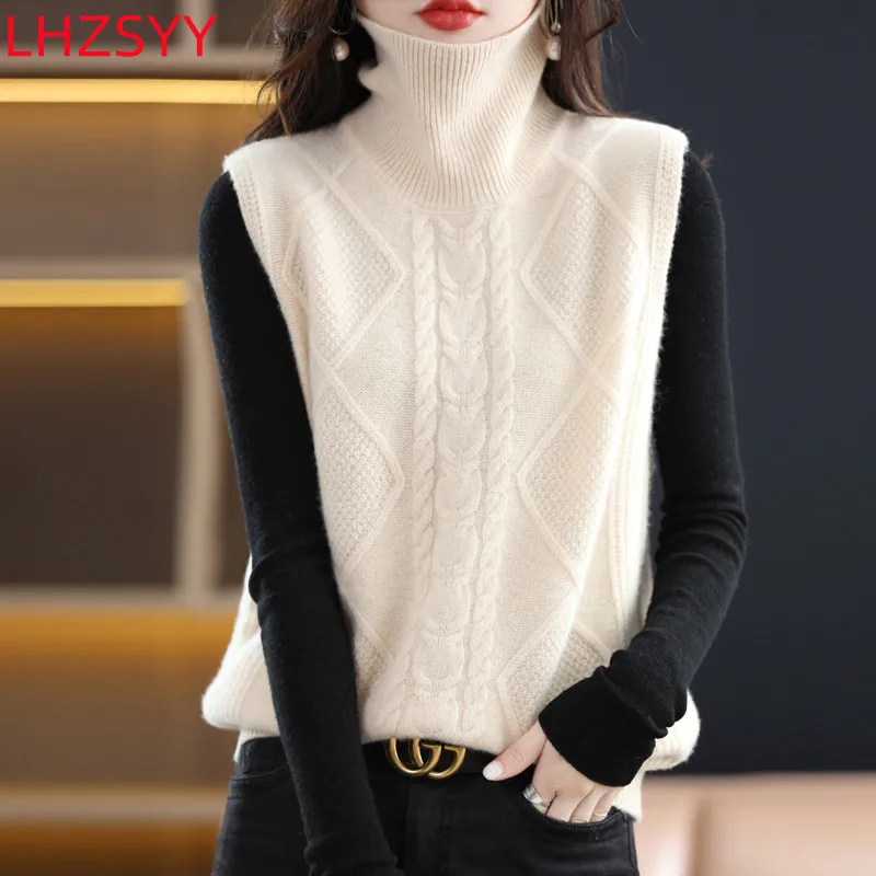 

LHZSYY New Cashmere Waistcoat Women Loose High Neck Vest 2022 Sleeveless Sweater Autumn Winter Warm 100%Pure Wool Knit Vest Tops