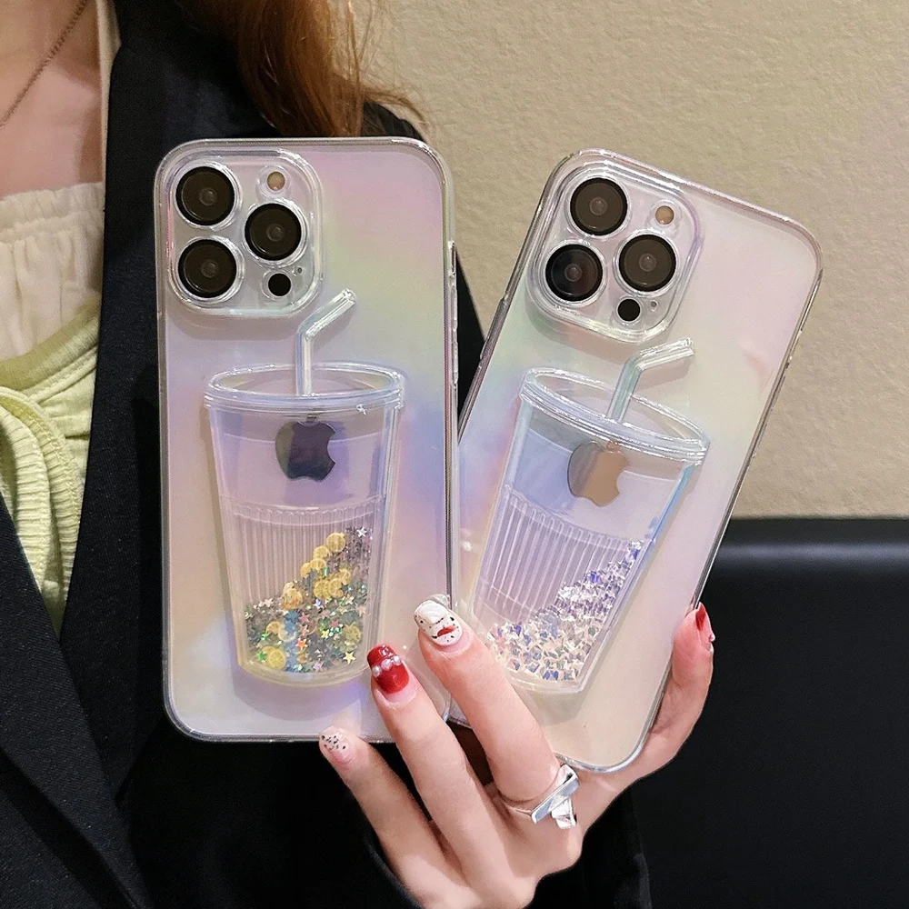 

Dynamic Liquid Bling Sequin Quicksand Cup Soft Phone Case For iPhone 14 13 12 11 Pro Max Laser Gradient Clear Cover