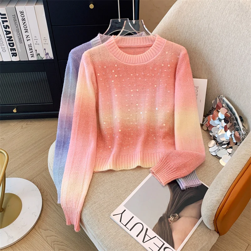 Женский вязаный свитер в стиле ретро Свободный пуловер с радужным градиентом и