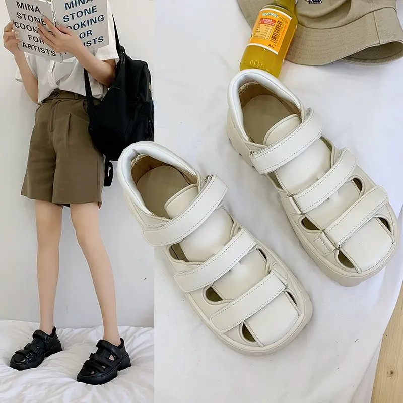 

Сандалии женские на платформе, босоножки на массивной танкетке, кожаные туфли на низком каблуке, плоская подошва, лето, 2022