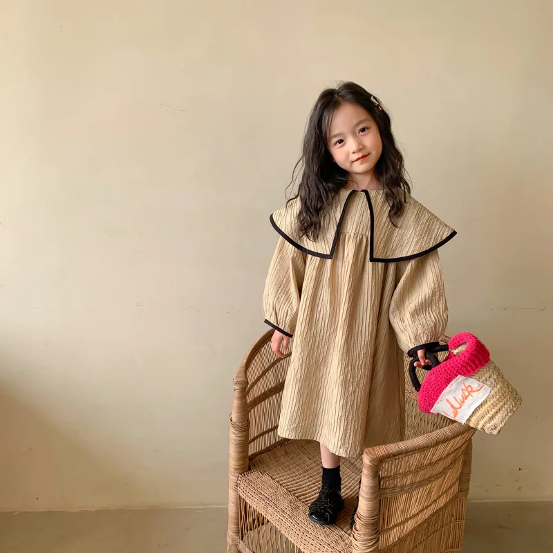 

Girls fashion big turn-down collar princess dress Korean style kids double-deck loose long style dresses