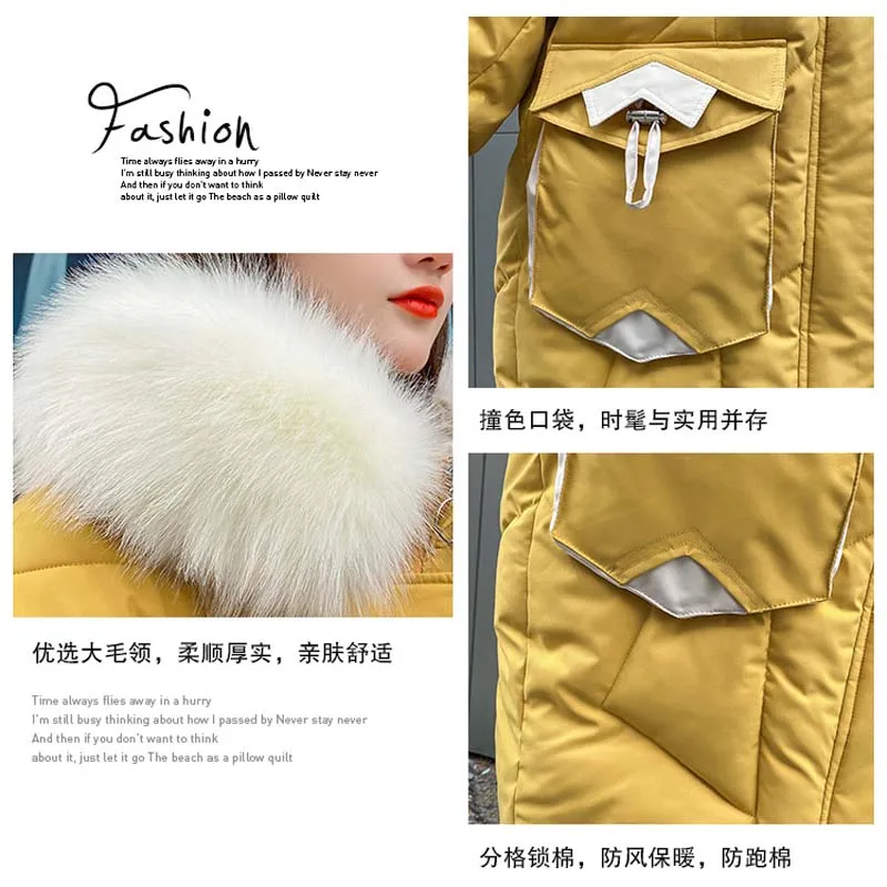 Winter Long Fox Fur Collar Puffer Jacket for Women Korean Fashion Trend Teenage Clothing Office Ladies Warm Coat Chic Streetwear