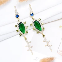 kellybola luxury summer green long pendant earrings full cubic zirconia for women wedding trendy earrings bijoux high quality