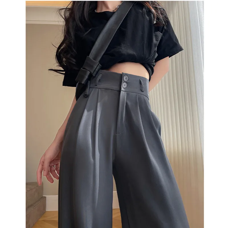 

Women High Waist Loose Wide Leg Suit Pants 2023 Spring Summer Female Vintage Gray Thin Pants Ladies Streetwear Baggy Trousers