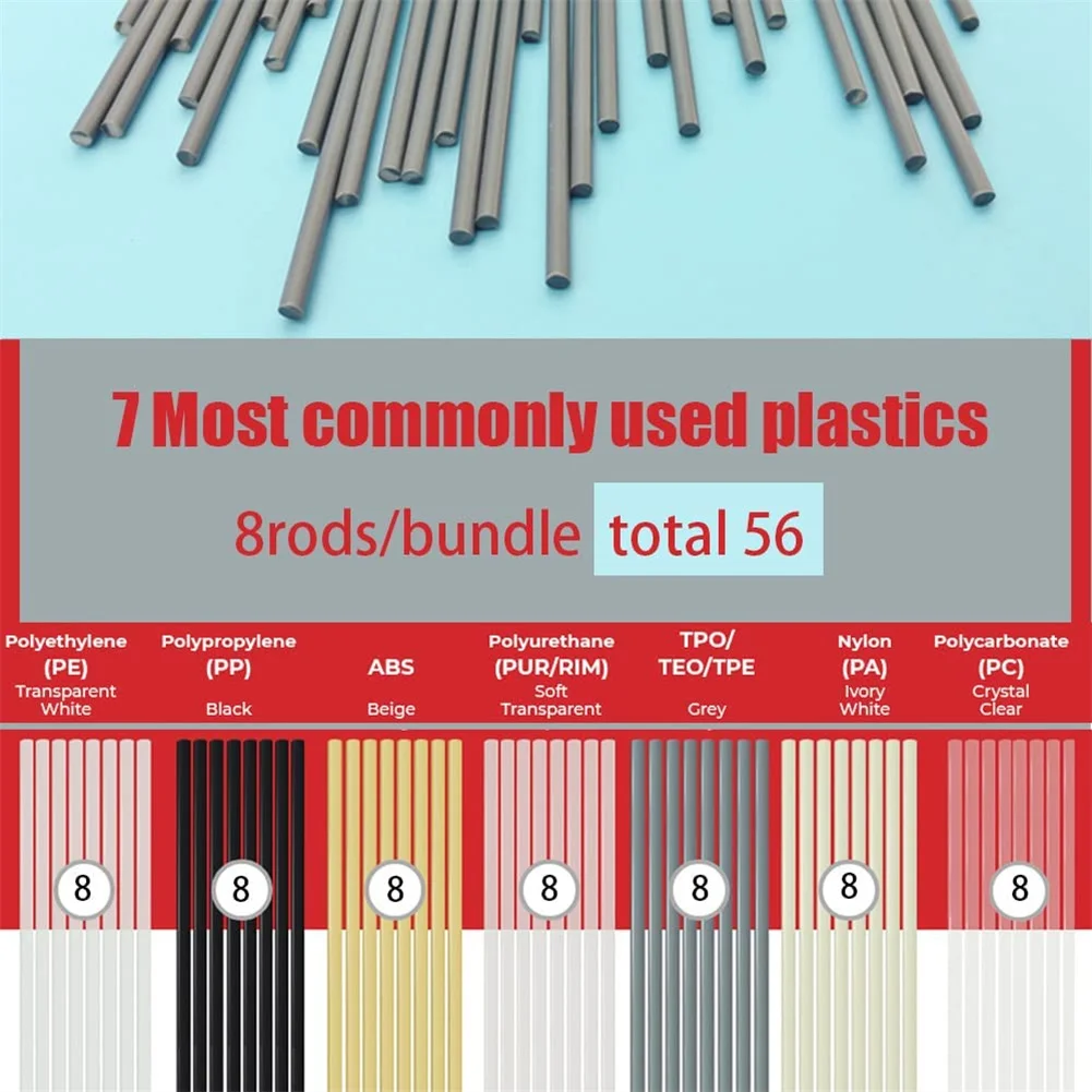 60pcs/set 13in 7Types Plastic Welding Rods Set With Stainless Steel Mesh And Sandpaper PA/PP/ABS/TPO/PC/PU/PE Rod Soldering Tool