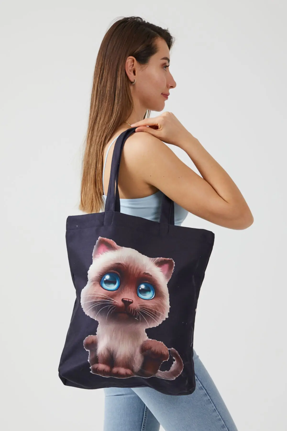 

Женская пляжная сумка Ays Home Tatlis Cat, черная тканевая сумка-тоут для покупок, модная летняя большая сумка для покупок через плечо