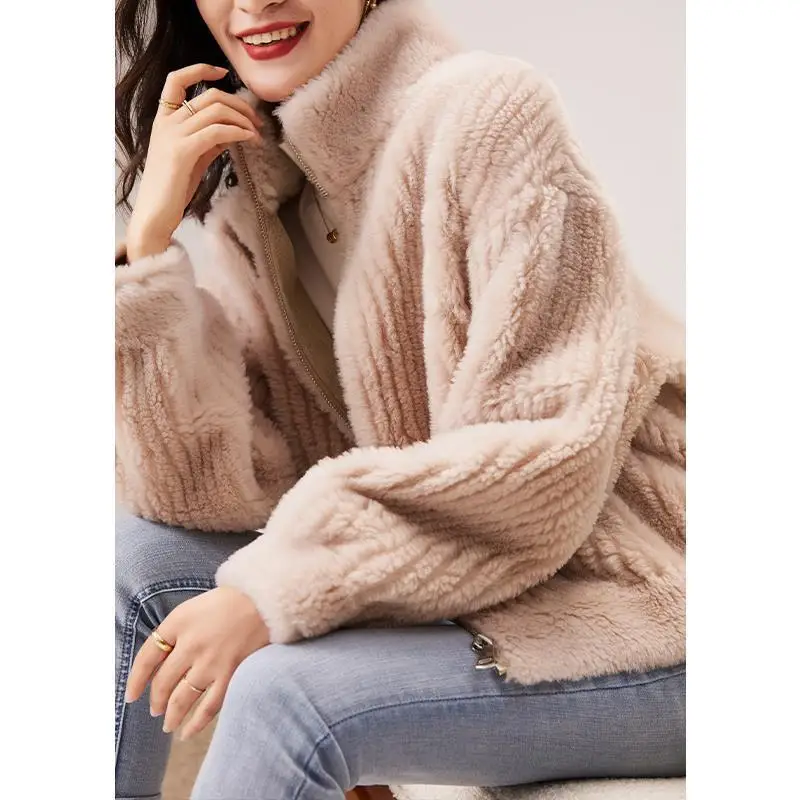 Spring Autumn Women's Coat Fashion Loose  Stand Collar Show Thin Imitated Lamb Fur Coat Casual Fake Fur Coat