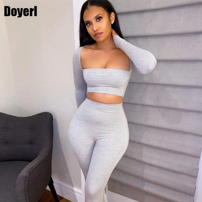 

Костюм спортивный женский из двух предметов, укороченный Топ с длинным рукавом и леггинсы, серый комплект из 2 предметов