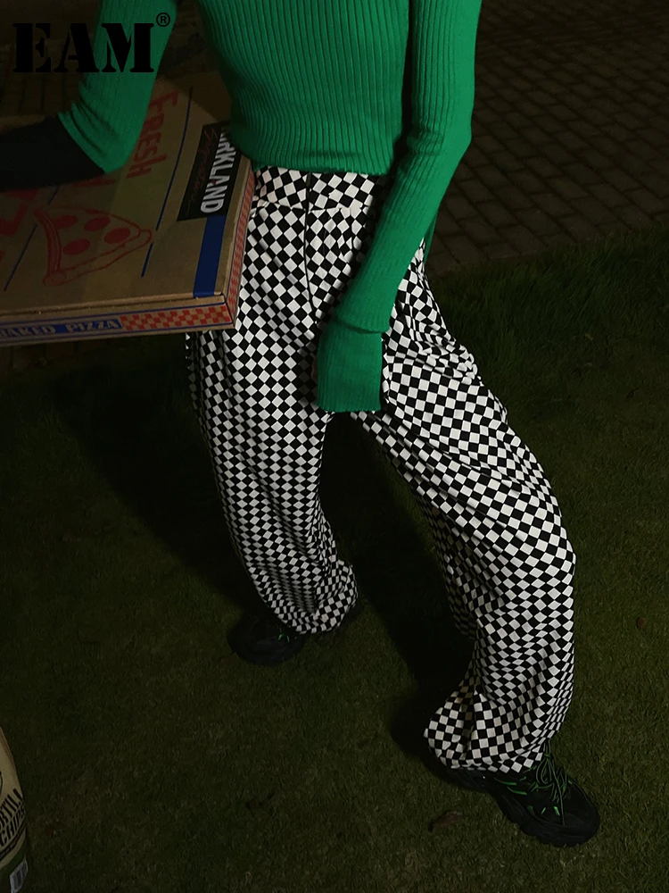 

[EAM] High Waist Black Plaid Long Wide Leg Casual Trousers New Loose Fit Pants Women Fashion Tide Spring Autumn 2022 1DE8638