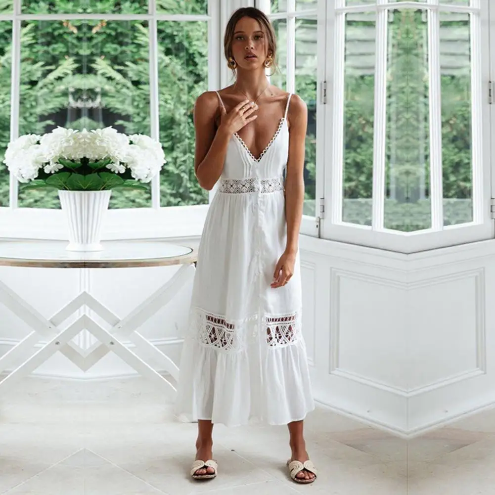 

Comfortable Women Solid Color Waist Tight Backless Sling Dress for Beach