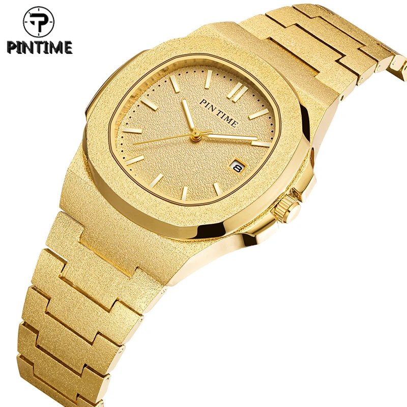 

Мужские кварцевые часы PINTIME, роскошные матовые наручные часы в стиле хип-хоп, цвет черный золото, цвет серебряные часы