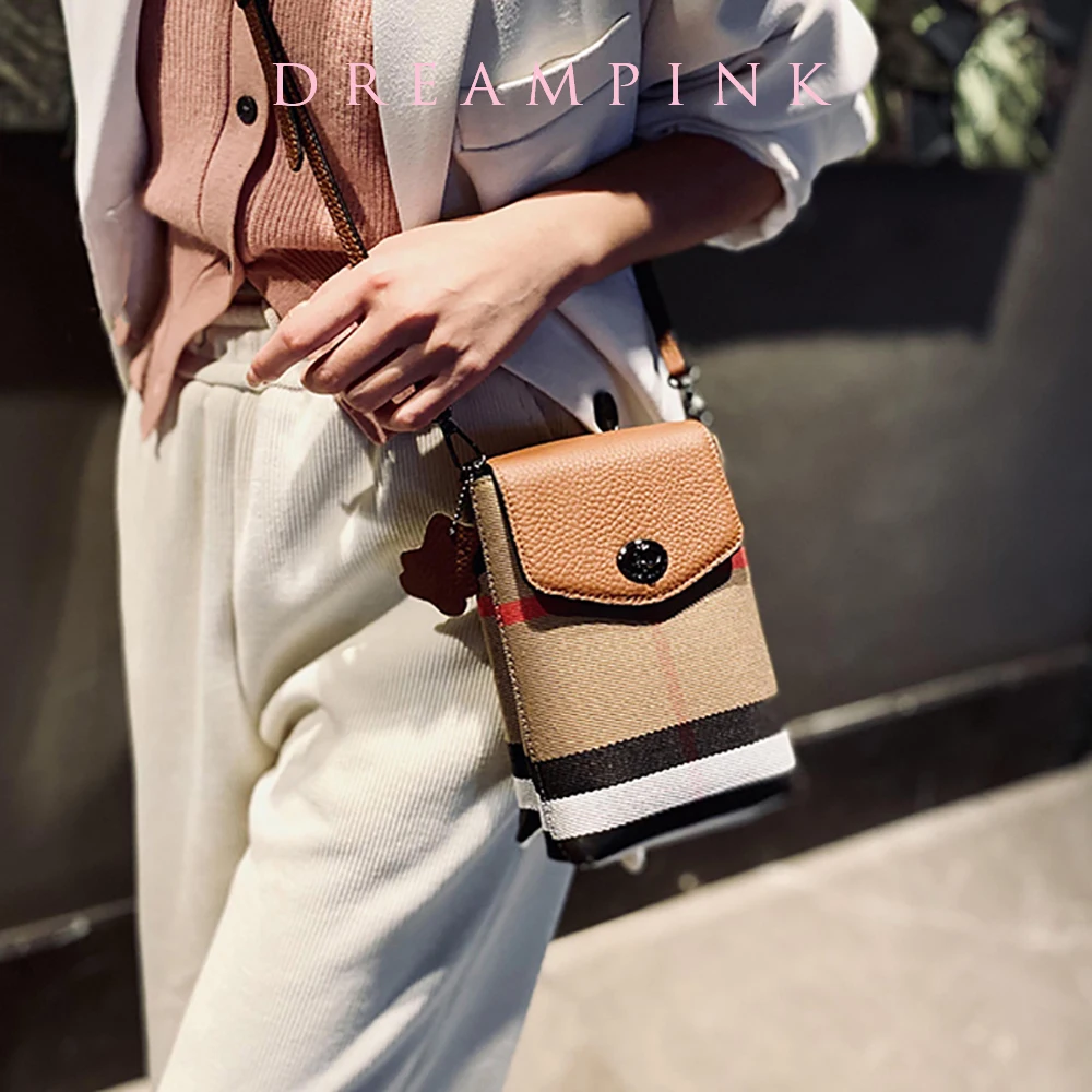 

Famous Small Plaid Canvas Women Phone Crossbody Bag Daily Stripes Leather Female Purse Wallet Handbag Luxury Flap Shoulder Bag
