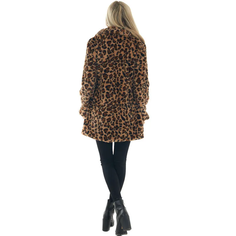 Women Fashion Temperament Imitation Parka Coat Loose Plush Women Outerwear Autumn Winter Leopard Mid Length Jacket Fur Coats