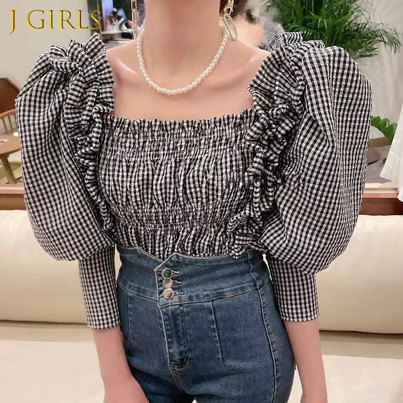 

Ruched Plaid Shirts For Women Square Collar Puff Long Sleeve Patchwork Oversized Blouses Females 2021 Clothing Fashion