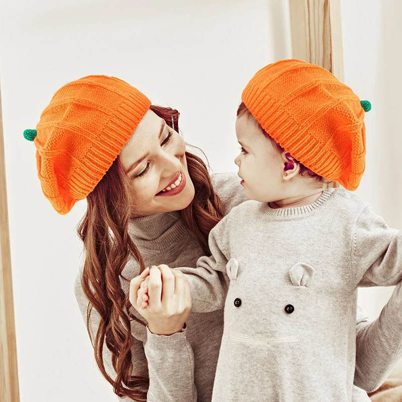 

Вязаная шапка с тыквой для родителей и детей, вязаный берет для мамы и ребенка, осенне-зимний теплый плотный шерстяной восьмиугольный берет, женский подарок