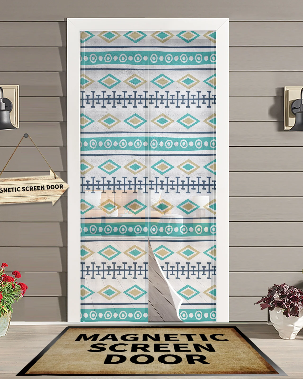 

Boho Geometric Teal Rhombus Anti Mosquito Gauze Door Curtain Magnetic Door Screen for Bedroom House Summer Door Window Screens
