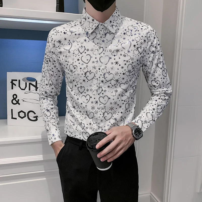 

Luxury Bronzing Heart Print Long Sleeve Mens Shirt High Quality Turn Down Collar Korean Fashion Shirts For Men Camisa Streetwear