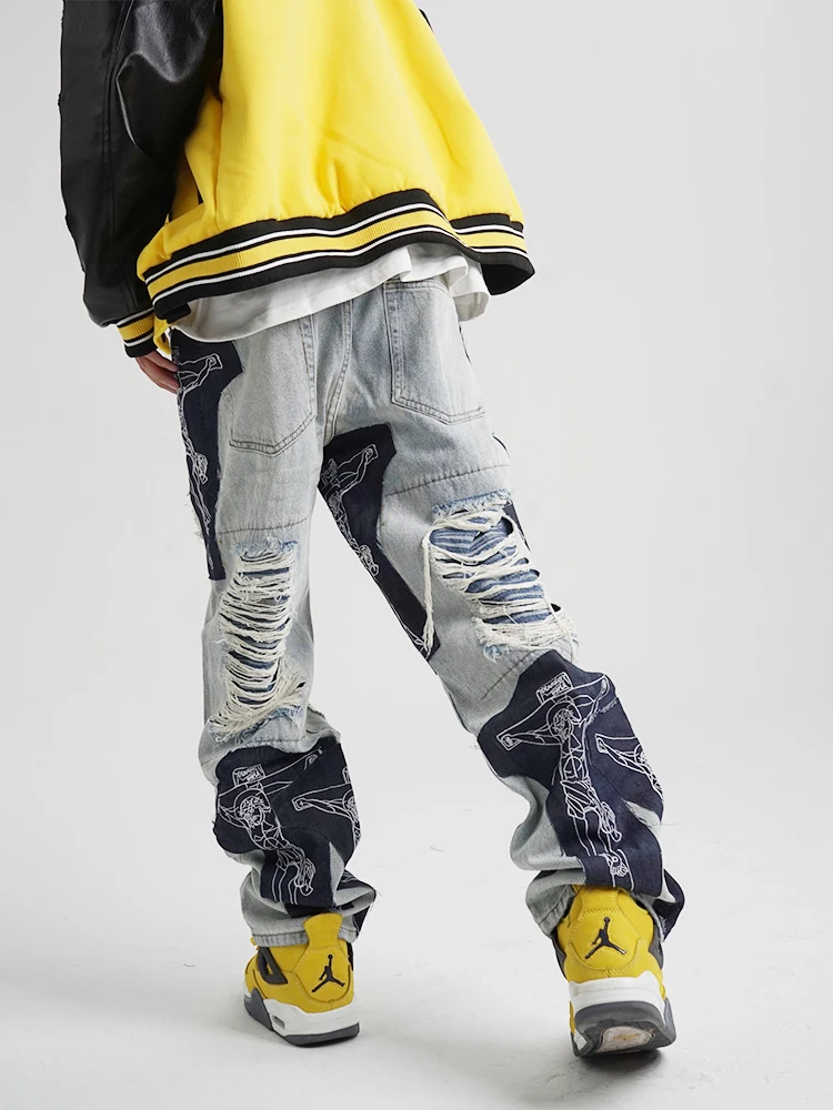 Men's Vintage Ripped Jeans Clothes Spring Y2K Fashion Trousers Cross Splicing Streetwear Straight Baggy Pants for Men Men Pants