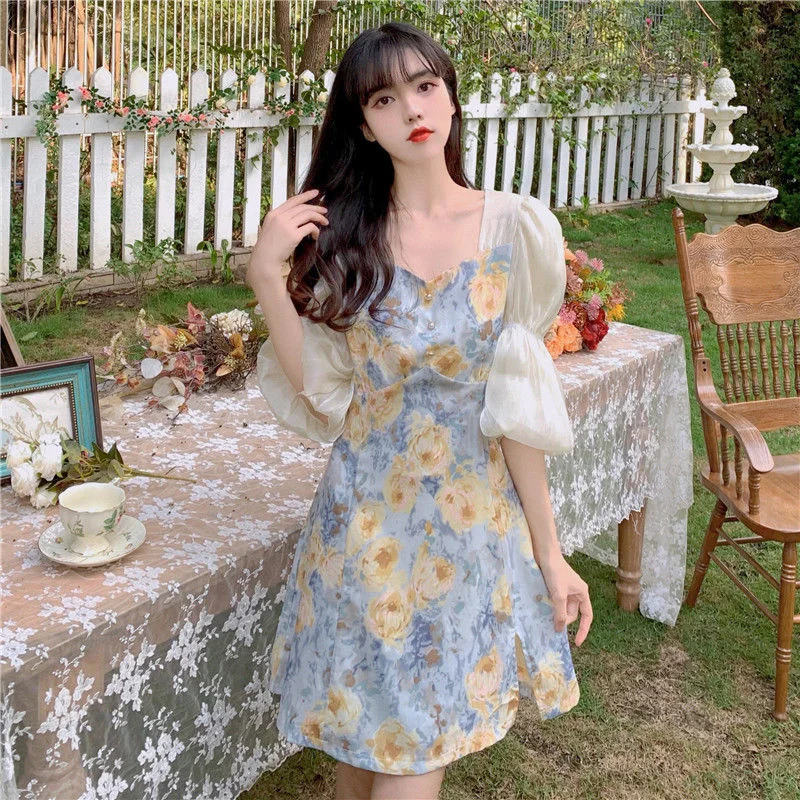 

Large Sizes Bubble Sleeve Floral Printing Dress Elegance Women Summer French Split Fairy A-line Mini Vintage