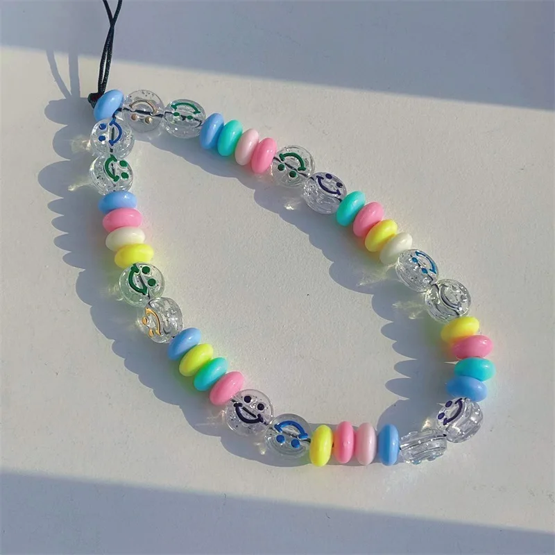 

2022 Cute Smiley Mobile Strap Crystal Colorful Beaded Phone Case Chain Anti-Lost Lanyard Telephone Hanging Cord Women Jewelry