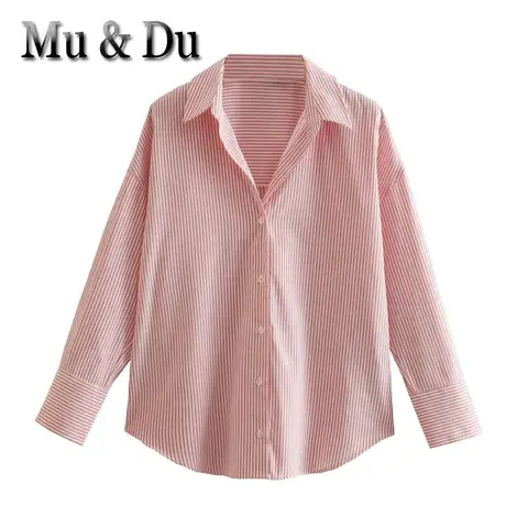 Mu&Du 2023 Summer New Women's Pink Stripe Oversized Shirt Female Casual Work Versatile Blouses Basic Clothes Tops Mujer Blusas