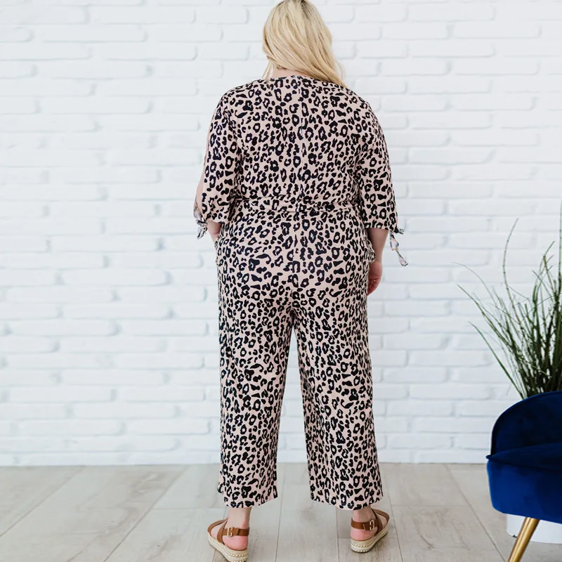 Best-Selling Leopard Print Tie-Dye One-Piece Trousers Summer New Large Size Half Sleeve round Neck Trousers Suit for Women