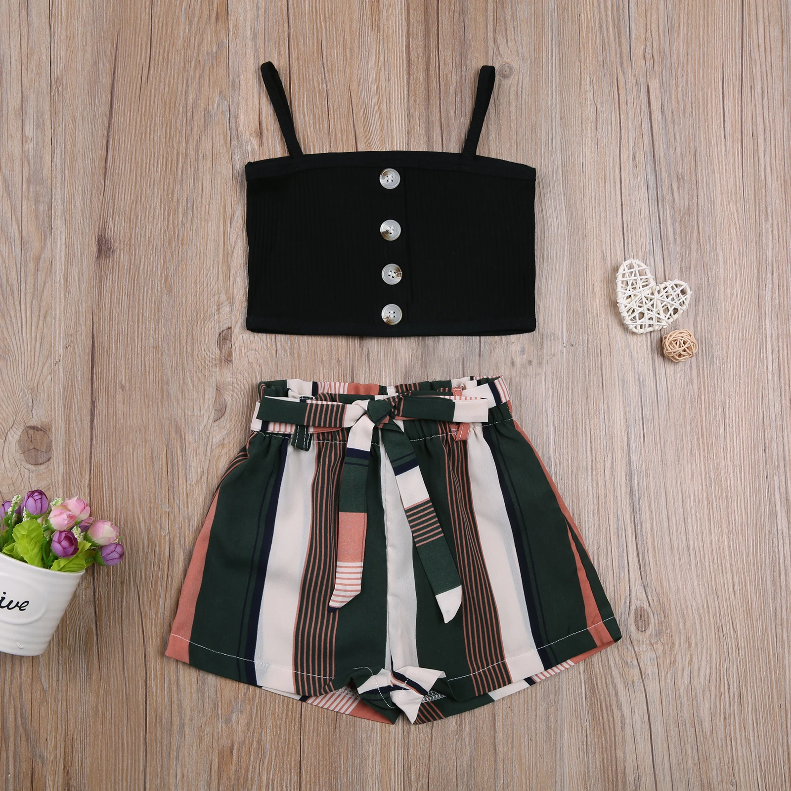 

1-6 Years Sleeveless 2 Pieces Kids Suit Set, Solid Color Sleeveless Spaghetti Strap Top+ Striped Shorts for Girls Black
