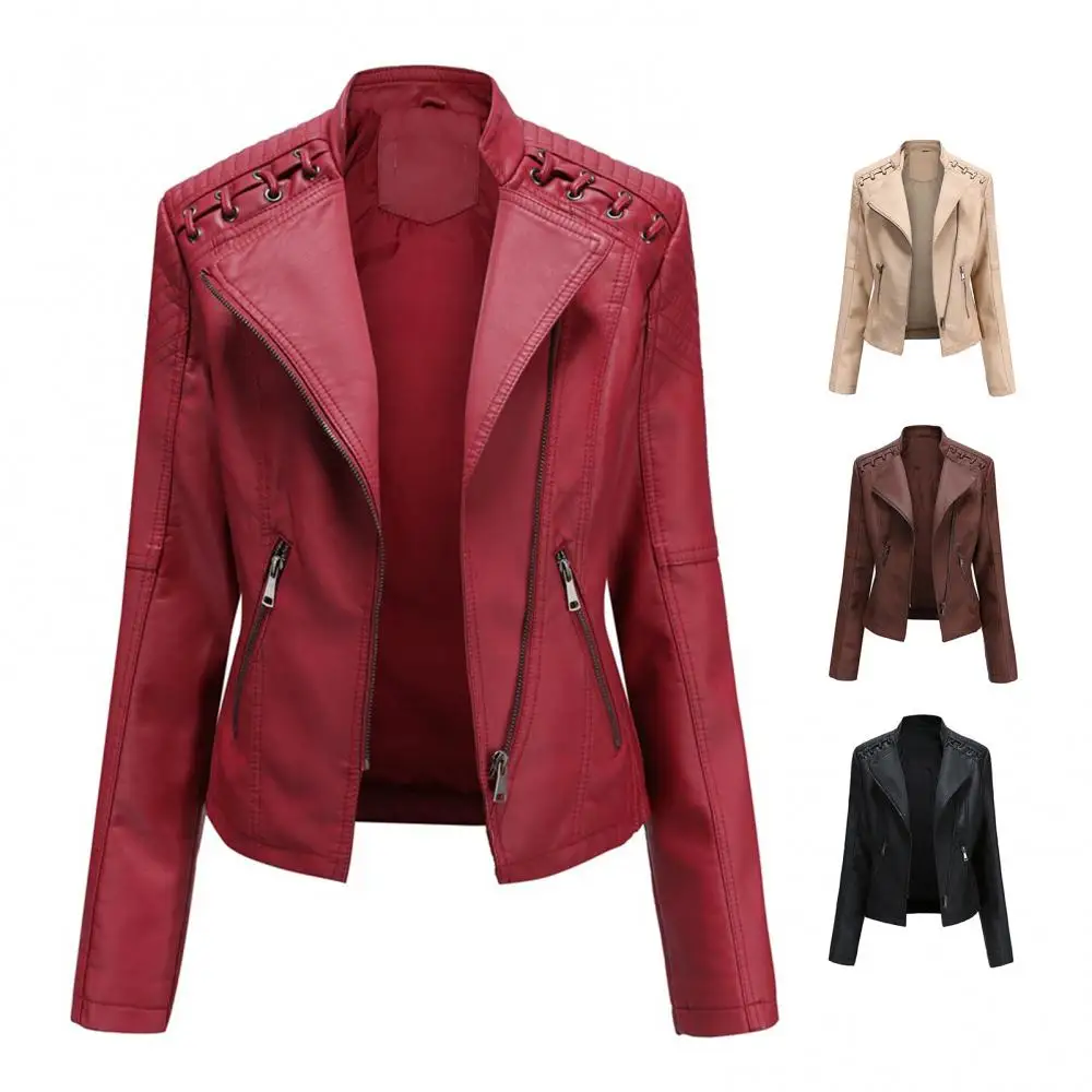 Women Autumn Winter Faux Leather Jacket Zipper Stand Collar Motorcycle Slim Coat Women's Clothing женская куртка femme veste