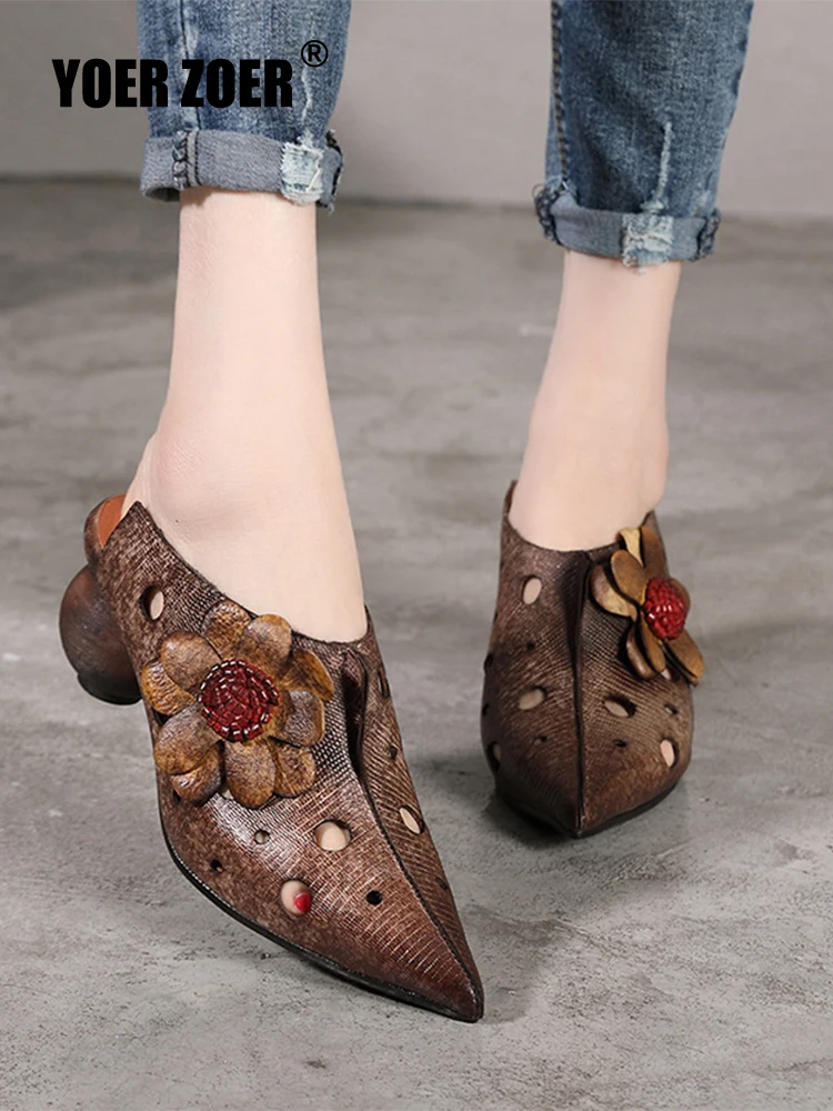 

Women‘s High-heeled slippers Flower Pointed toe Genuine Leather Fashion Ethnic Style Design style Retro Literary female shoes