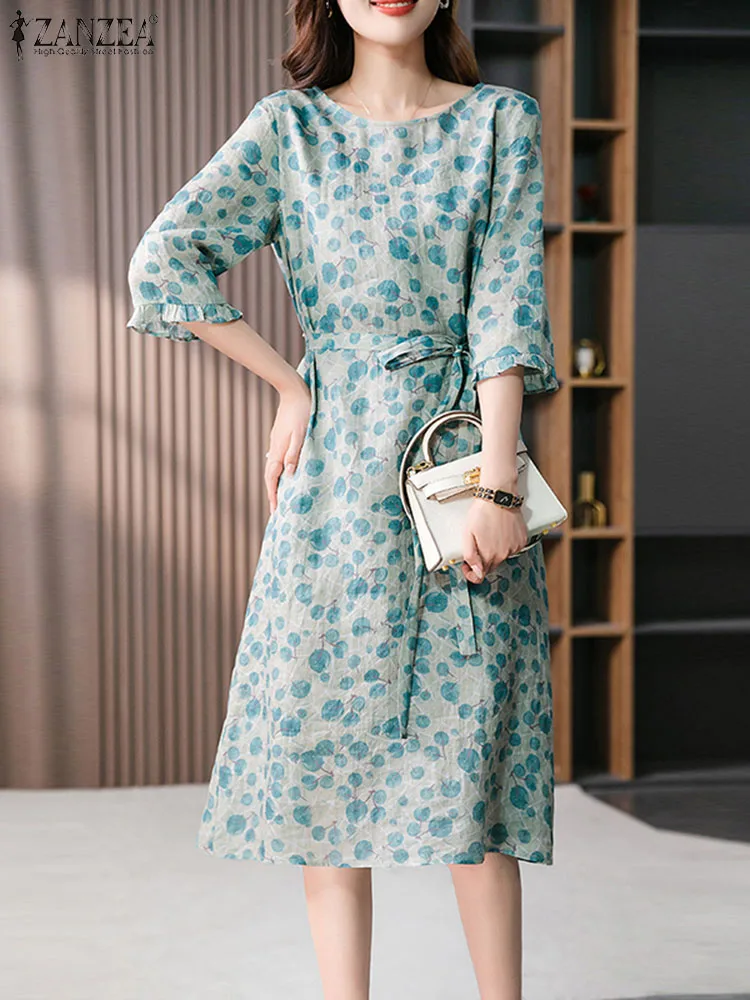 

Платье ZANZEA женское средней длины с рукавом 3/4 и цветочным принтом, Модное Элегантное повседневное Бандажное с круглым вырезом и карманами, лето 2023