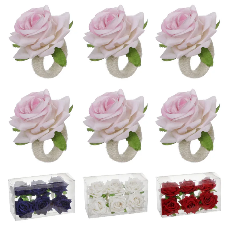 

6pcs/Lot Artificial Flower Napkin Rings Rose Serviette Buckle Ring Holders for Table Decor Restaurant Wedding Valentine's Day