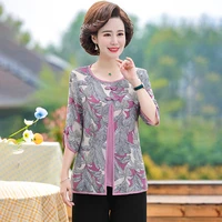 fake two pieces shirt women half sleeve tops summer clothing size middle age mother blouse
