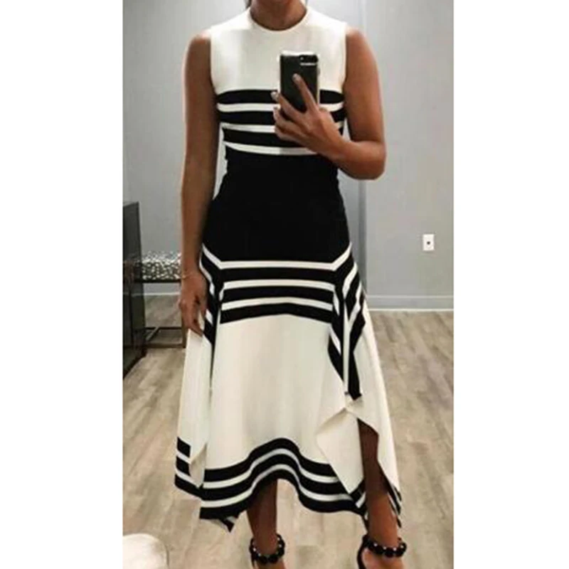 

Women Stripe Sleeveless Dress Women Round Neck Casual Long Dress Vestido Vintage Black White Striped Party Dresses Vestidos