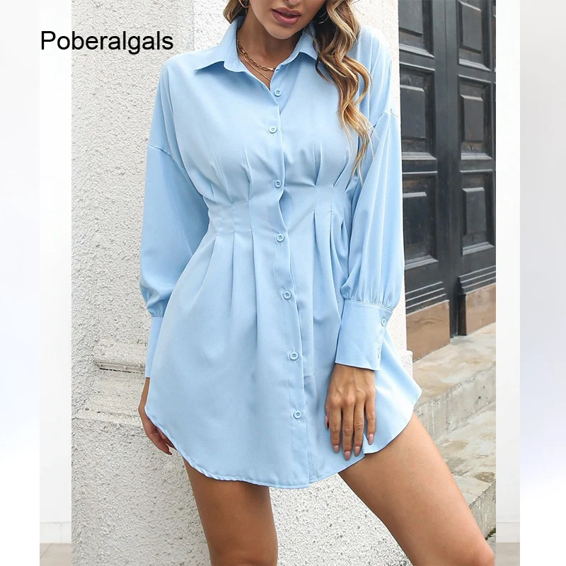 

Модные женские летние платья, новинка 2022, повседневное однотонное однобортное платье-рубашка мини-трапеция с отложным воротником и рукавам...